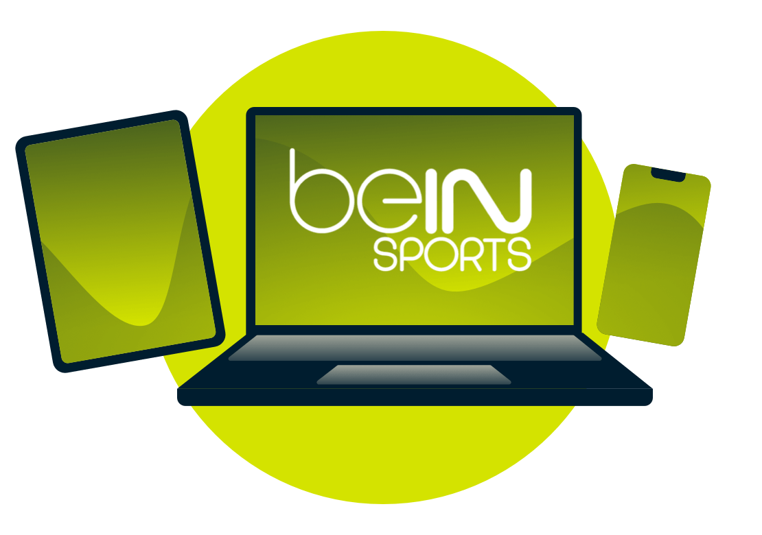 جهاز كمبيوتر محمول وجهاز لوحي وهاتف مع شعار Bein.