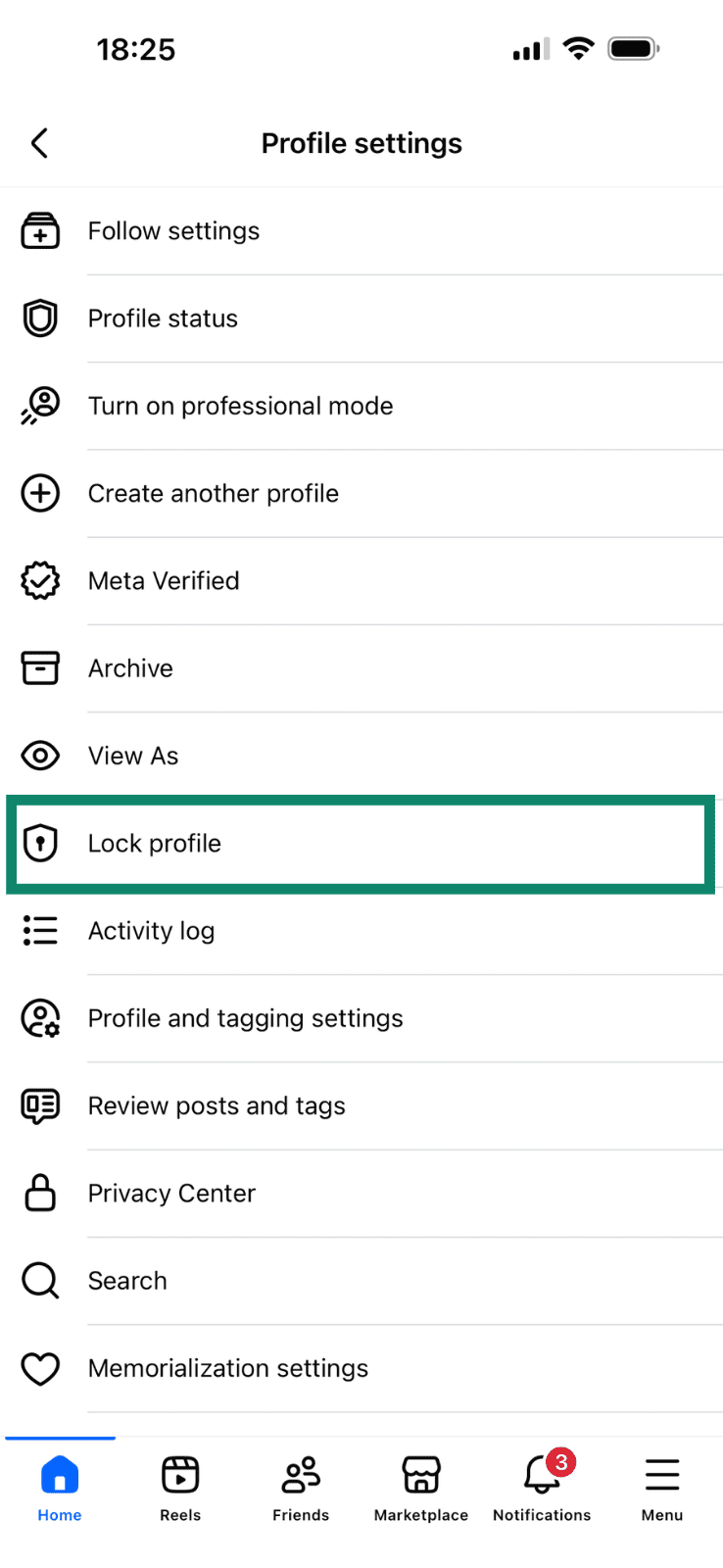 The Profile Settings menu on Facebook Mobile with