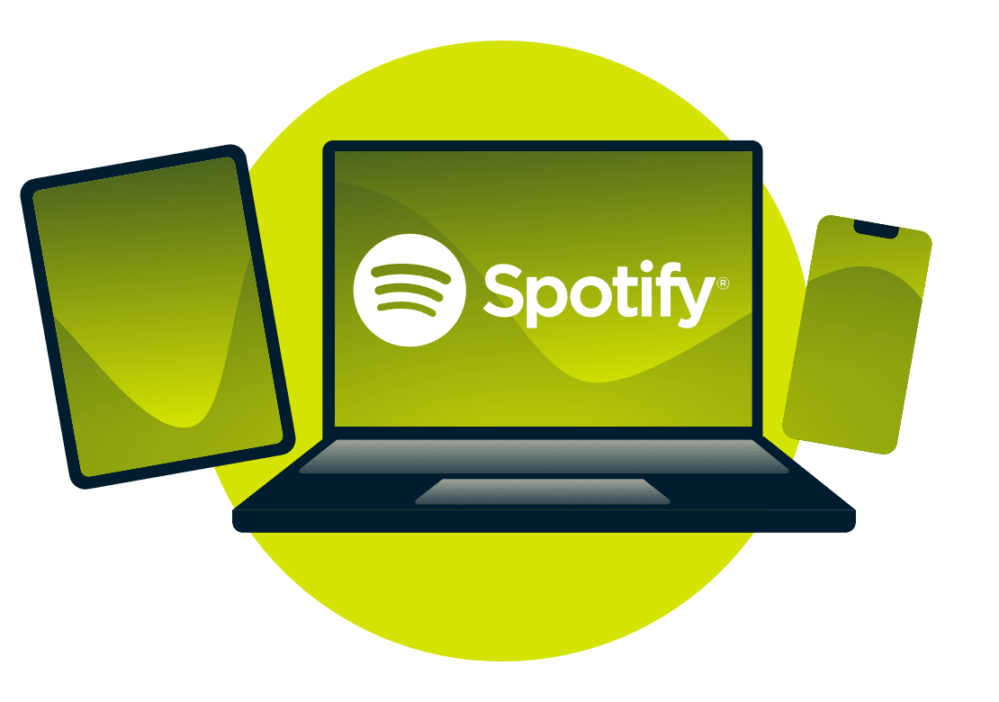 Um laptop, tablet e telefone, com o logotipo Spotify.
